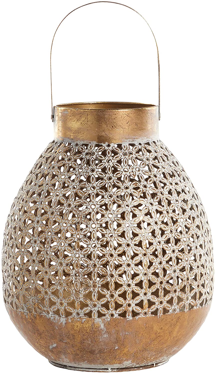 Round Distressed White Antique Gold Metal Lantern Floral Pattern Detail 13" X 16" 13 X 14 16round Transitional - Diamond Home USA