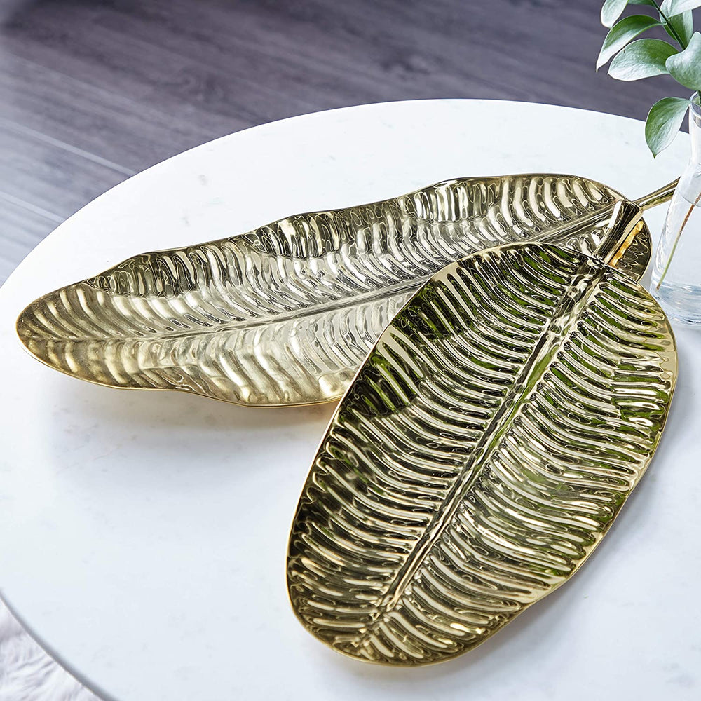 Small Leaf Shaped Display Serving Steel Trays Metallic Gold Finish Set 2 26"x11" 25 X 10 Silver Stainless - Diamond Home USA