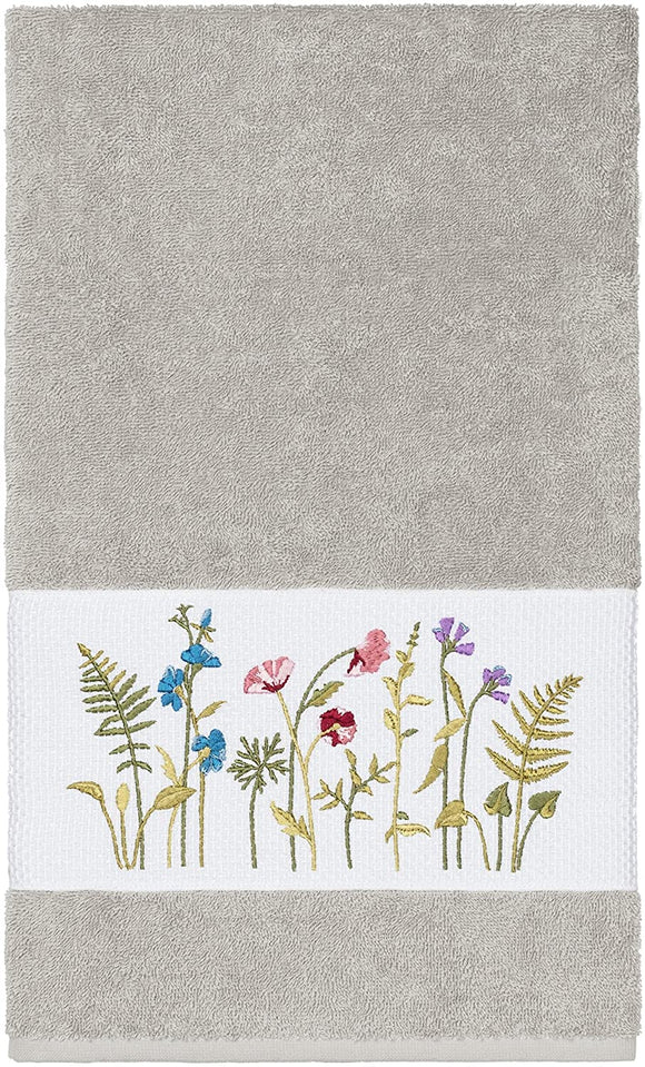 Grey Turkish Cotton Wildflowers Embroidered Bath Towel