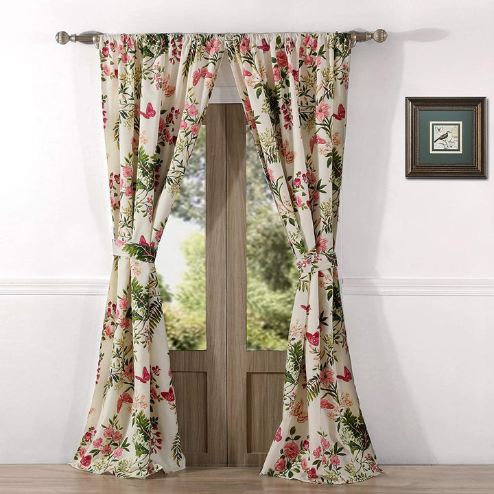 Butterflies Curtain Panel Pair 42 X 84 Cream Green Pink Graphic Nature Novelty Farmhouse Traditional Microfiber Lined - Diamond Home USA