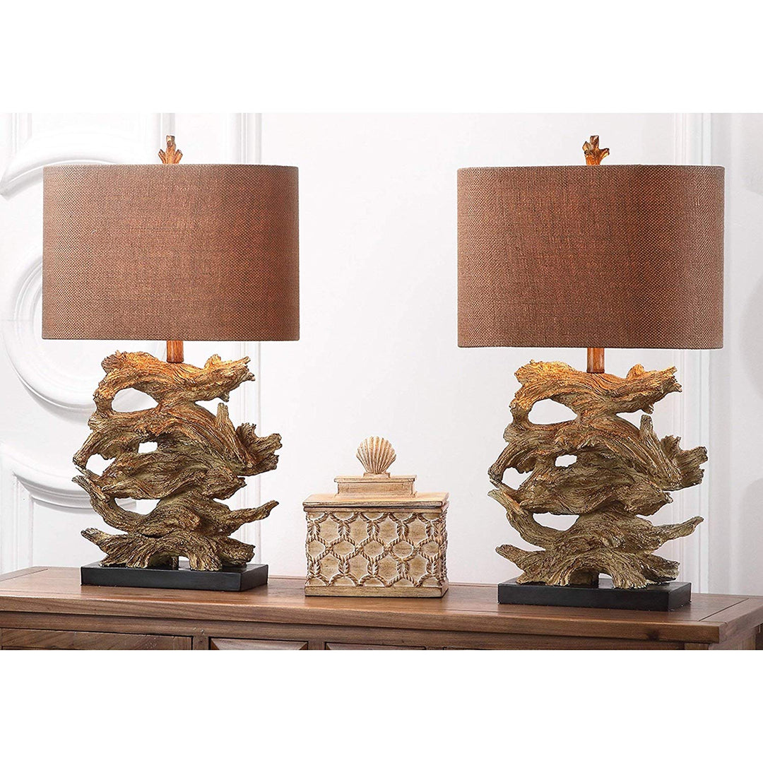 Set 2 Golden Brown Driftwood Table Lamp Branch Light Stacked Pieces Wood Lighting Nautical Decor Lakehouse Vacation Home Beach Resin 26 75"