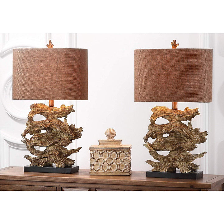 Set 2 Golden Brown Driftwood Table Lamp Branch Light Stacked Pieces Wood Lighting Nautical Decor Lakehouse Vacation Home Beach Resin 26 75"