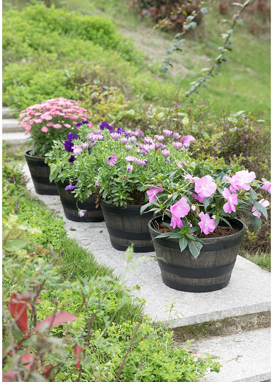 Rustic Wood Look Plastic Half Barrel Flower Pot Bucket Planter Pack 4 Black Round - Diamond Home USA