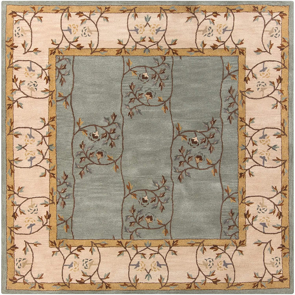 Hand Tufted Traditional Floral Slate Grey Wool Area Rug 4' Square Border Transitional Contains Latex Handmade