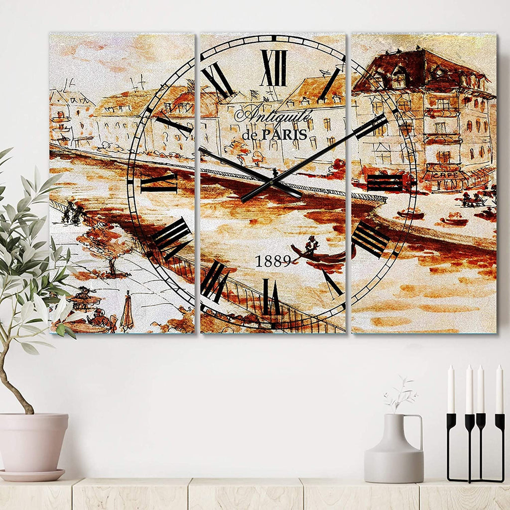 UKN Hand Sketch Paris' Cottage 3 Panels Oversized Wall Clock 36 Wide X 28 High Panels Brown French Country Traditional Rectangular Steel Finish