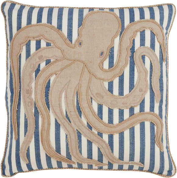 MISC Striped Octopus Down Filled 18 Inch Decorative Throw Pillow Blue Animal Nautical Coastal Cotton Single