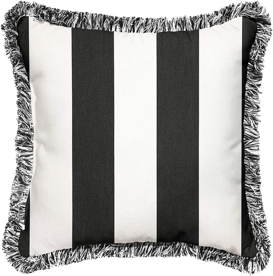 Cabana Classic Indoor/Outdoor Square Pillow Fringe Black White Striped Transitional Fabric Fade Resistant Uv - Diamond Home USA