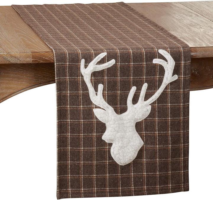 Plaid Table Runner Reindeer Design Brown Polyester - Diamond Home USA