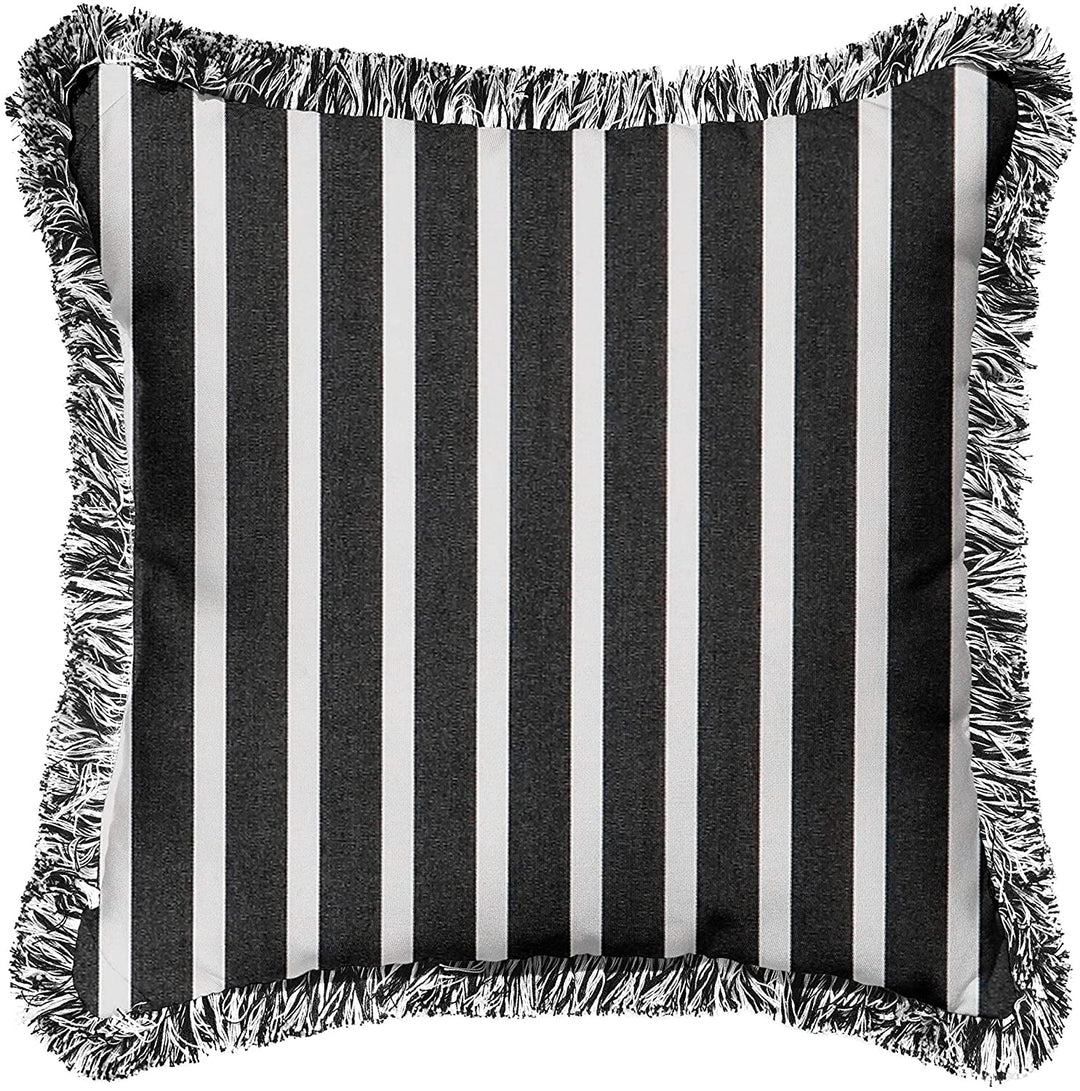 Shore Classic Indoor/Outdoor Square Pillow Fringe Black White Striped Transitional Fabric Fade Resistant Uv - Diamond Home USA