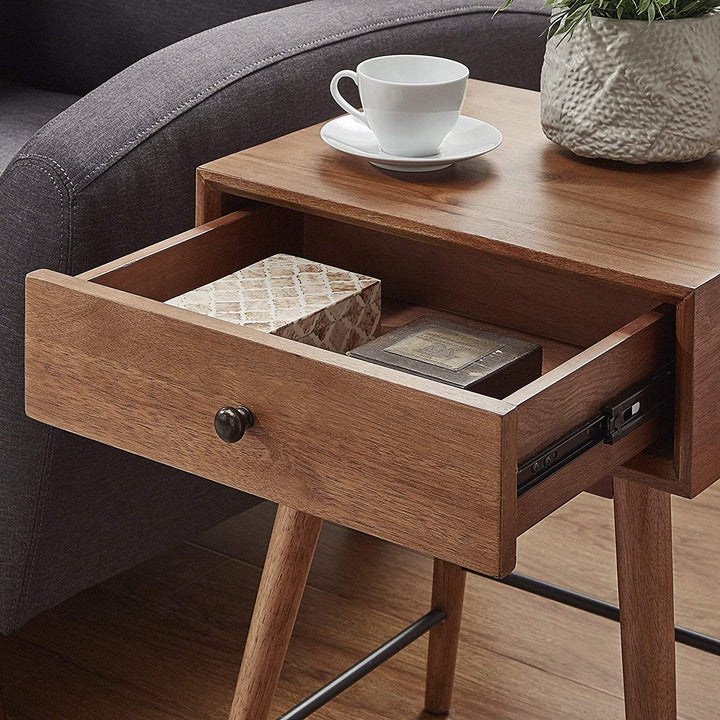 Brown Wood 1 Drawer End Table Modern Black Beach Mid Century Contemporary Rectangle MDF Metal Rubberwood Bronze Finish Includes Hardware