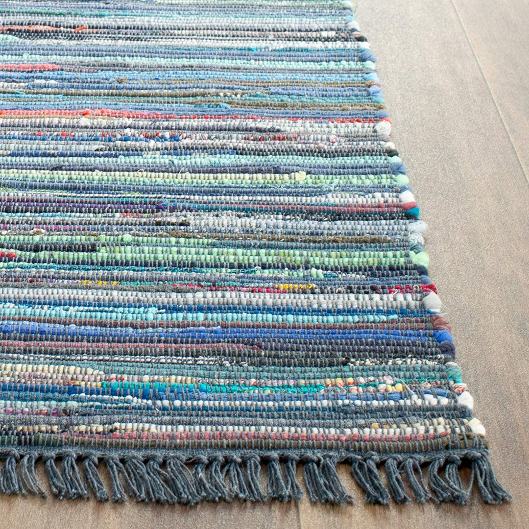 Rag Rug Runner Tassels Ink Blue Multicolor Rags Weave Floor Mat Hallway Kitchen Entryway Trendy Bohemian Theme Indoor Carpet Vibrant Flatweave