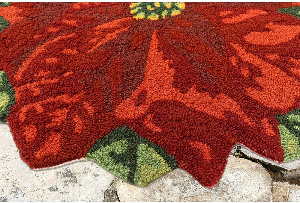 Frontporch Poinsettia /Out Rug Red 20"x30" 1/2 Round 20" X 30" Novelty Polyester Latex Free Handmade - Diamond Home USA