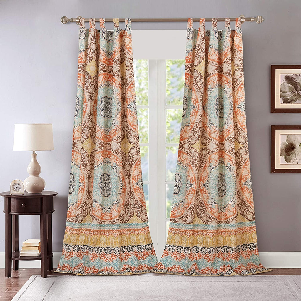 MISC Curtain 4 Piece Panel Pair (Set 2) Blue Brown Gold Bohemian Eclectic Polyester Includes Tiebacks Lined