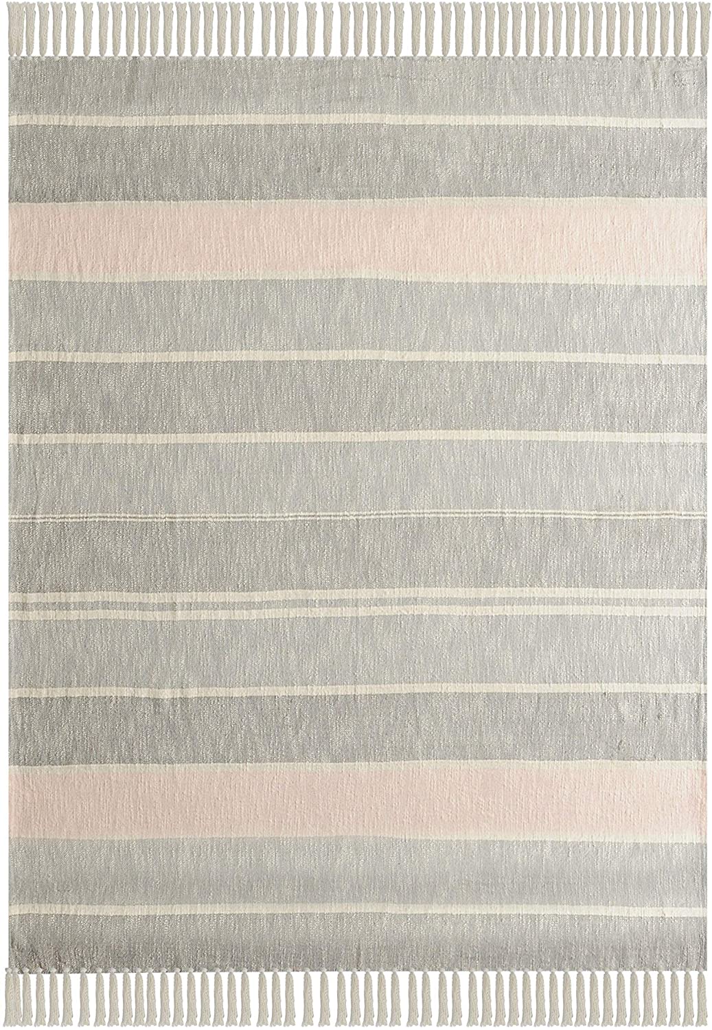 Touch Blush Striped Throw Blanket Fringe Grey Pink Geometric Farmhouse Mid Century Modern Cotton Handmade