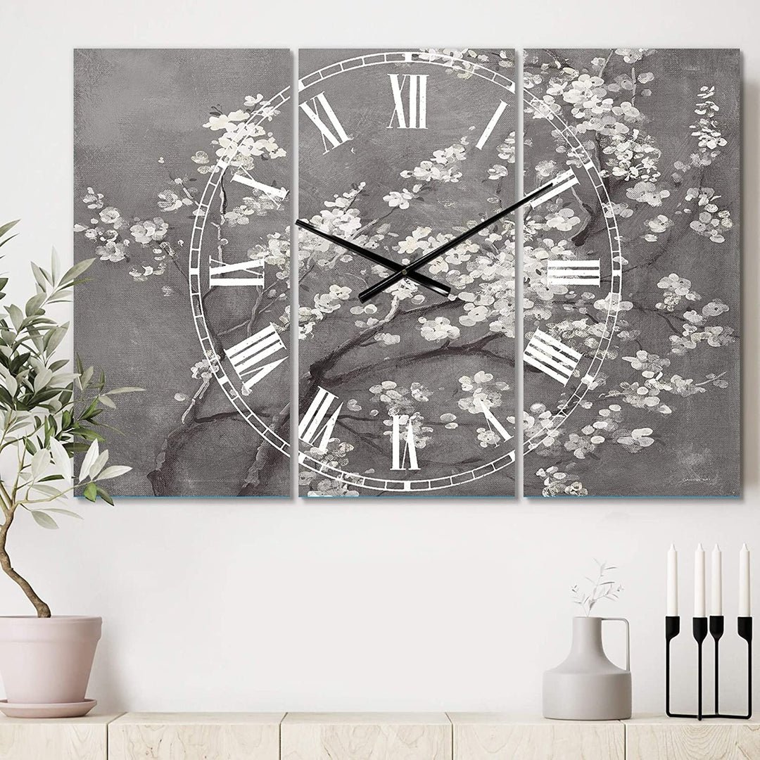 White Cherry Blossoms I' Cottage Panels Large Wall Clock