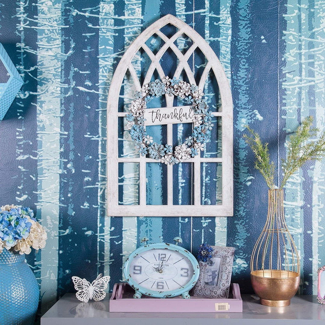 Metal Wood Thankful Cathedral Window Wall Decor Blue White Shabby Chic Traditional Includes Hardware - Diamond Home USA