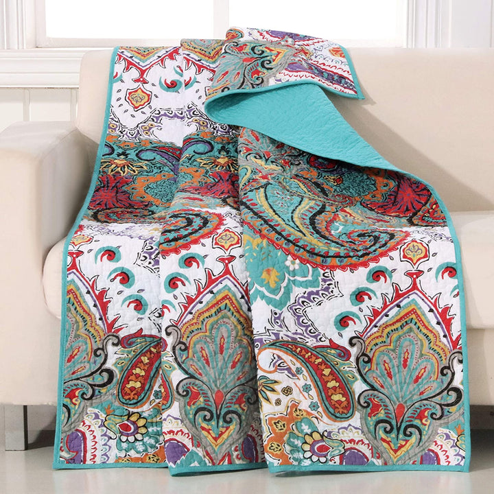 Quilted Cotton Throw Green Pink Purple Paisley Modern