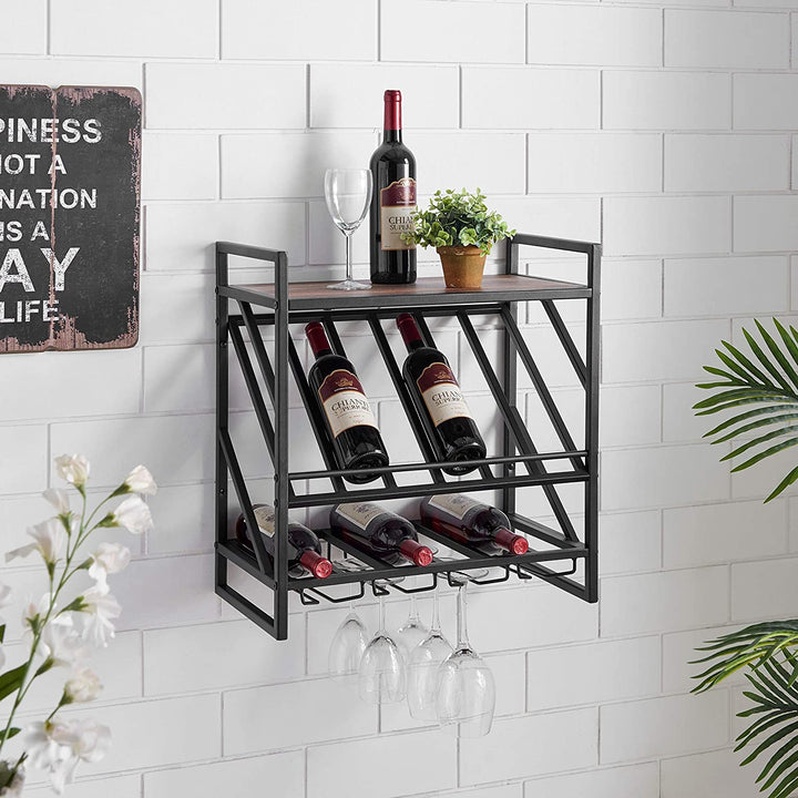 ndustrial Wall Mount Metal Wine Rack Shelf Stemware Brown