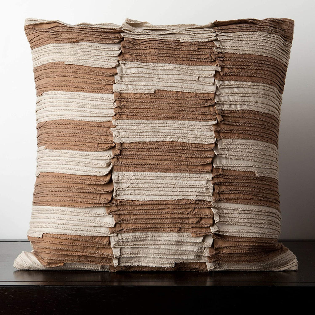 MISC Brown/Beige Pleated 18 inch Decorative Feather Down Pillow Beige Check Casual Cotton Single