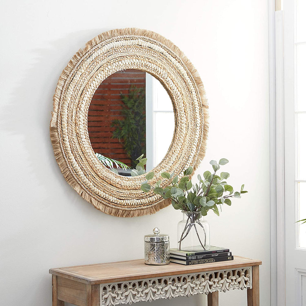 Large Round Wood Wicker Beige Wall Mirror 38" d 38 X 1 38round Tan - Diamond Home USA