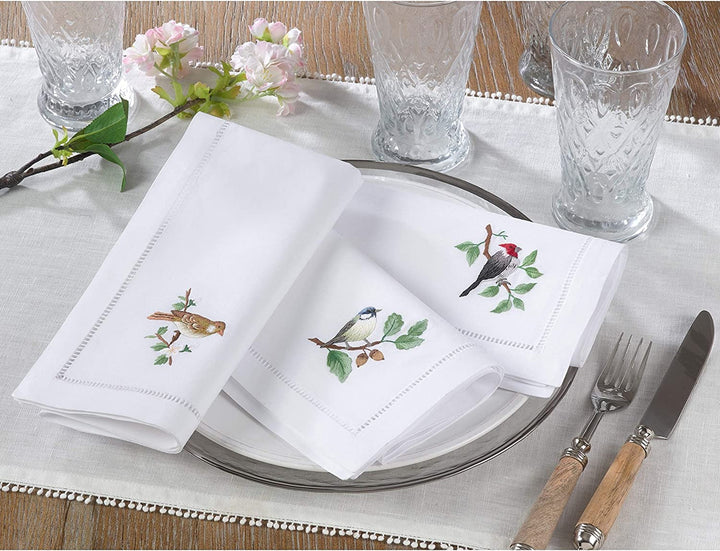 Hemstitch Border Bluebird Embroidery White Cotton Napkins (Set 6) Embroidered Solid Classic Modern Contemporary Novelty Square - Diamond Home USA