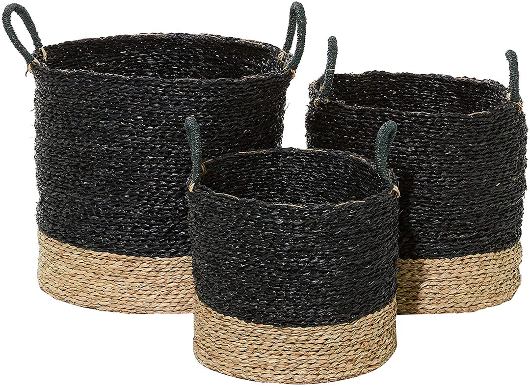 Round Seagrass Baskets Handles Set 3 14" 16" 18" 17 X 15