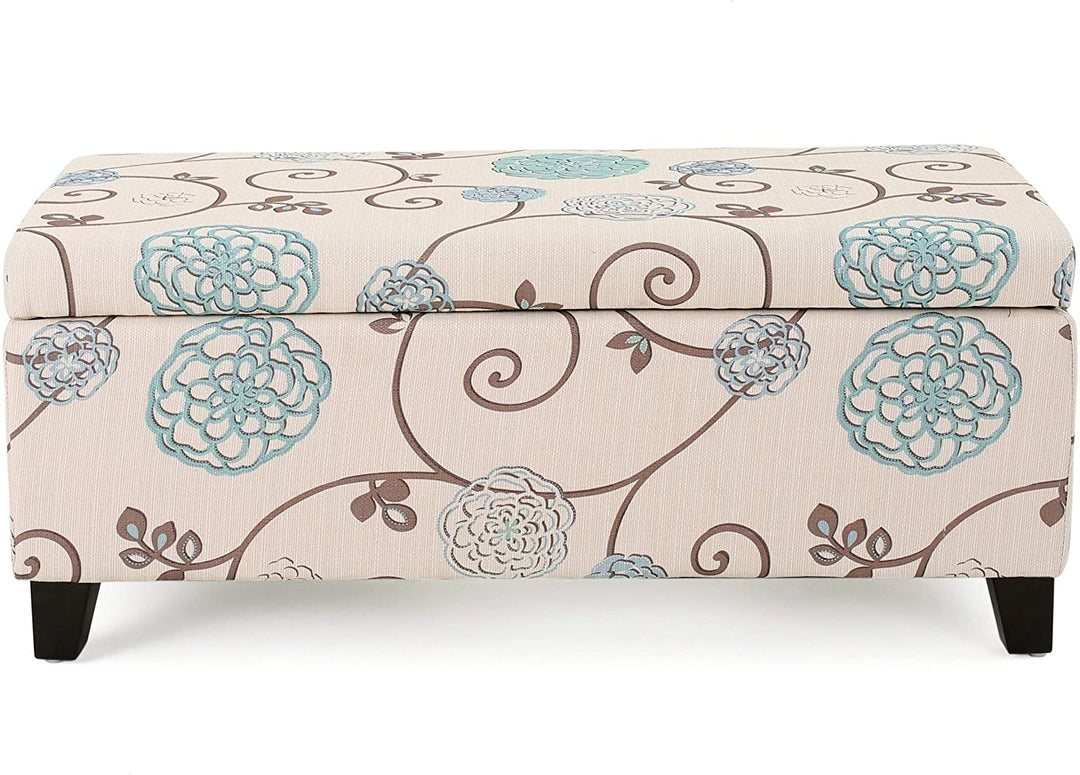 Contemporary Fabric Upholstered Storage Ottoman by Blue White Solid Casual Modern Pattern Rectangle Wood