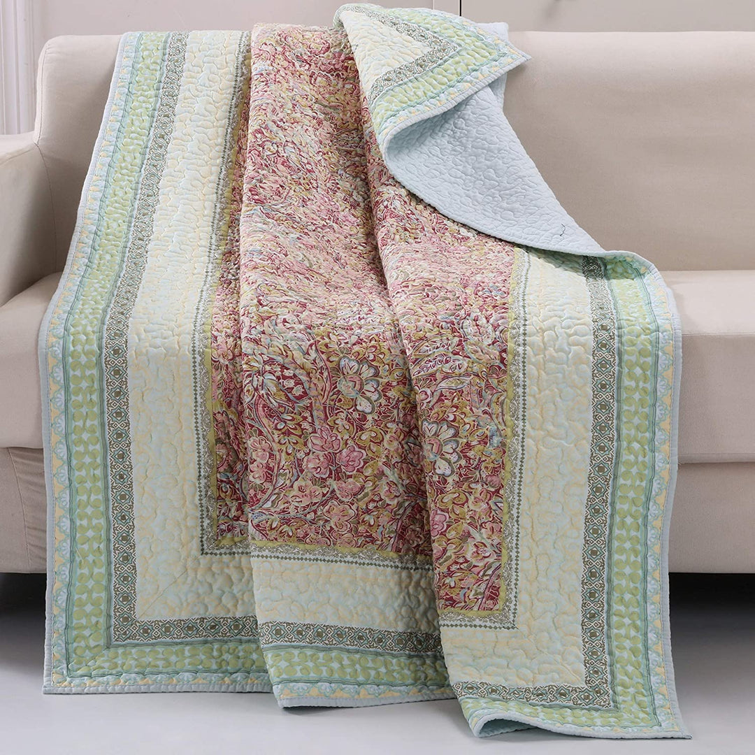 Pastel Quilted Throw Green Floral Modern Contemporary Cotton