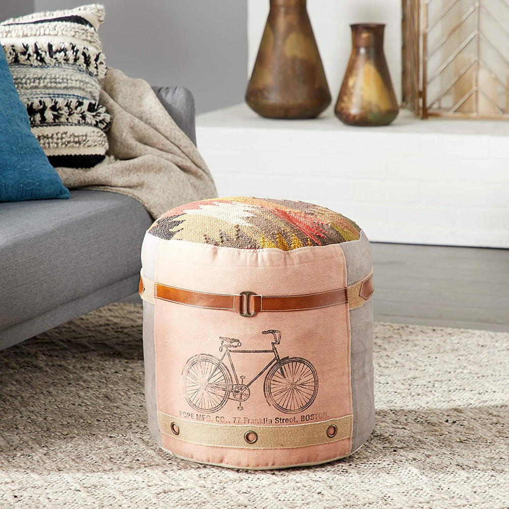 Round Boho Pouf Screenprinted Bicycle 17" X 19" 17 19round Color Solid Vintage Fabric - Diamond Home USA