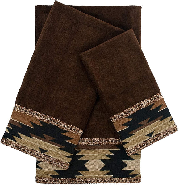 Brown 3 Piece Decorative Embellished Towel Set Geometric Cotton Microfiber