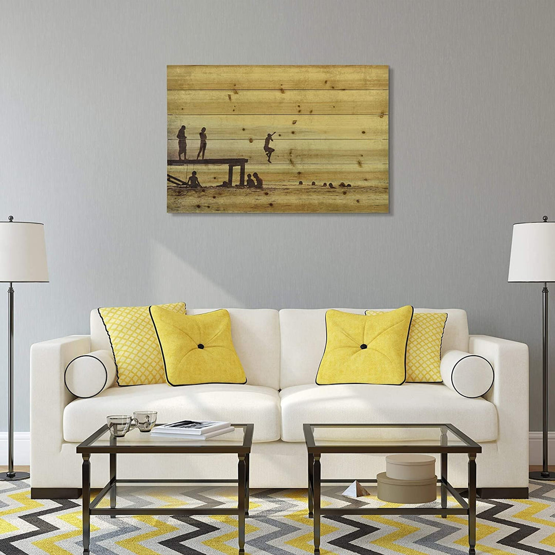 Summer Lake Wall Art Printed Solid Fir Wood Planks Brown Nautical Coastal