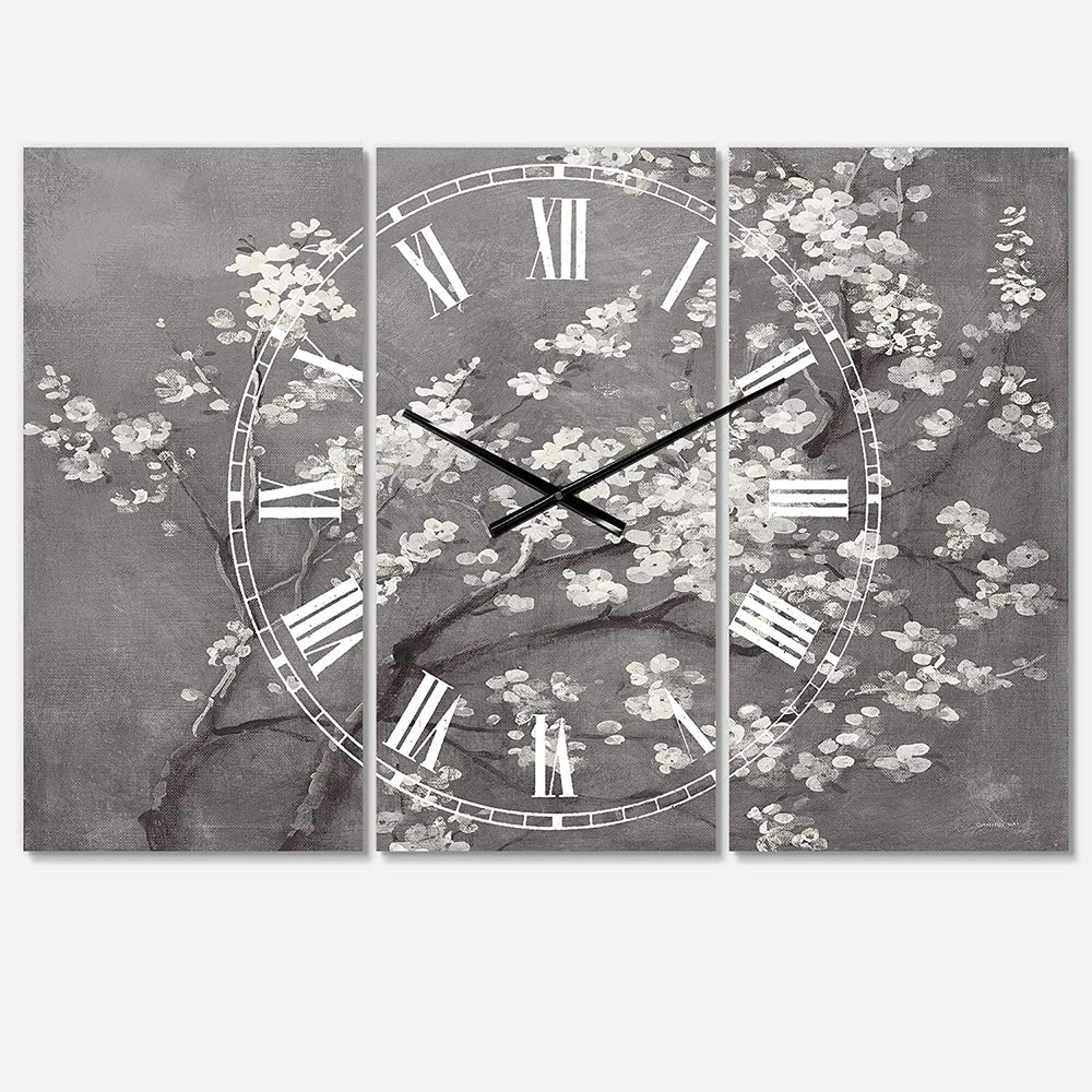 White Cherry Blossoms I' Cottage 3 Panels Large Wall Clock 36 Wide X 28 High Panels Black Traditional Rectangular Steel Finish Battery - Diamond Home USA