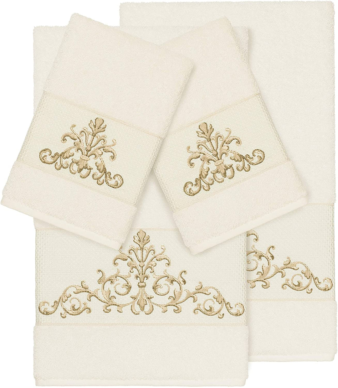 Cream Turkish Cotton Scrollwork Embroidered 4 Piece Towel