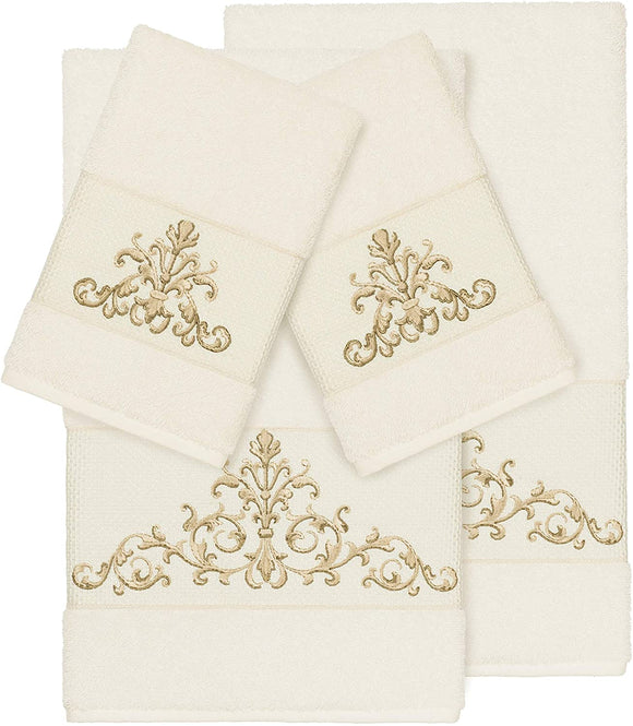 UKN Cream Turkish Cotton Scrollwork Embroidered 4 Piece Towel Set Brown