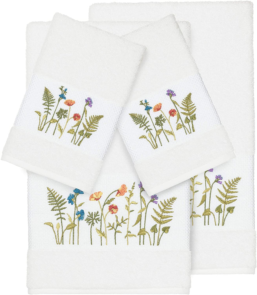 UKN White Turkish Cotton Wildflowers Embroidered 4 Piece Towel Set