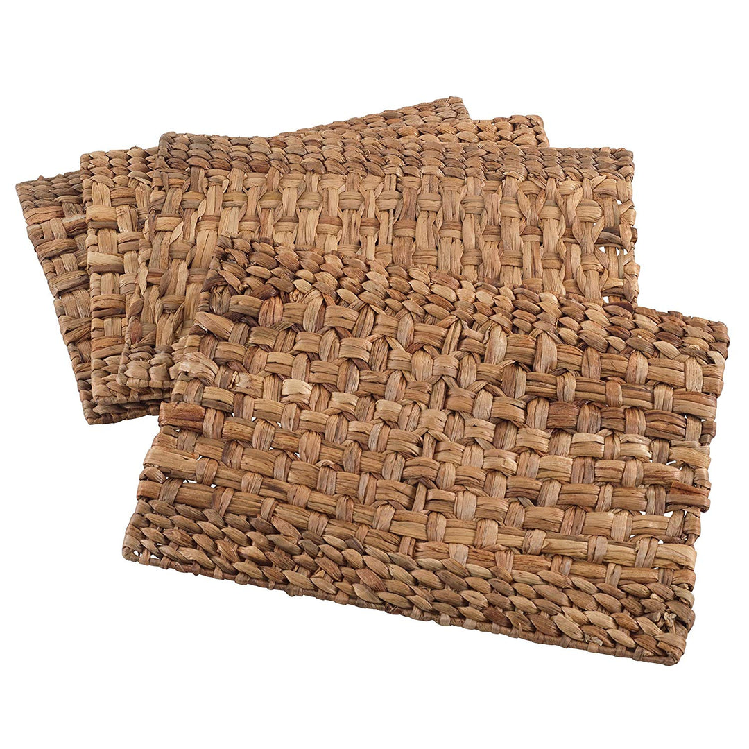 4 Piece Set Brown Woven Rattan Placemats Wooden Hardboard