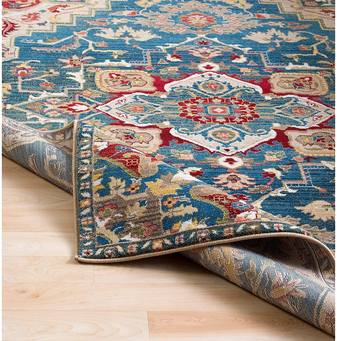 MISC Blue Red Vintage Medallion Runner 2'6" X 7'10" Polypropylene Synthetic Latex Free Pet Friendly Stain Resistant