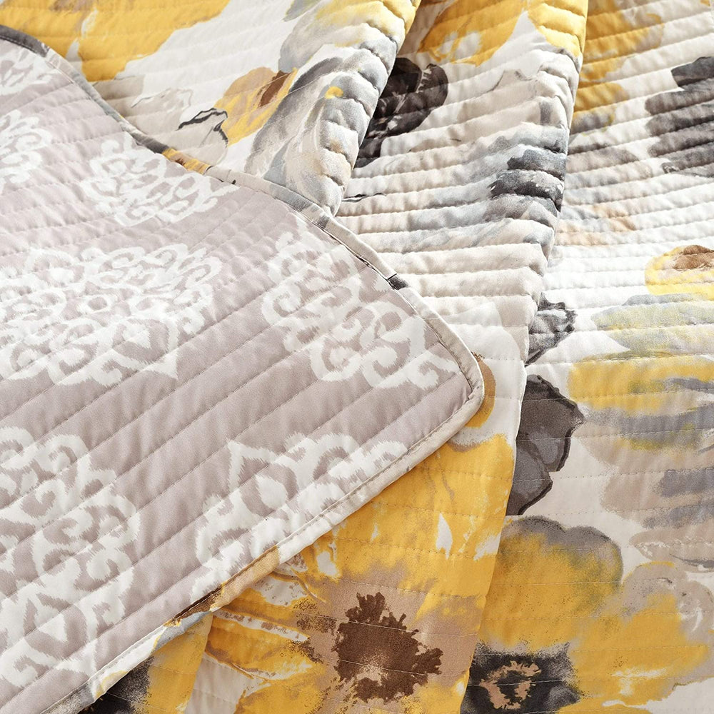 Throw Blanket Grey Yellow Damask Floral Farmhouse French Country Shabby Chic Microfiber - Diamond Home USA