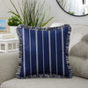 Unknown1 Navy White Striped Indoor/Outdoor Square Pillow Fringe Blue Transitional Fabric Polyester Fade Resistant Uv