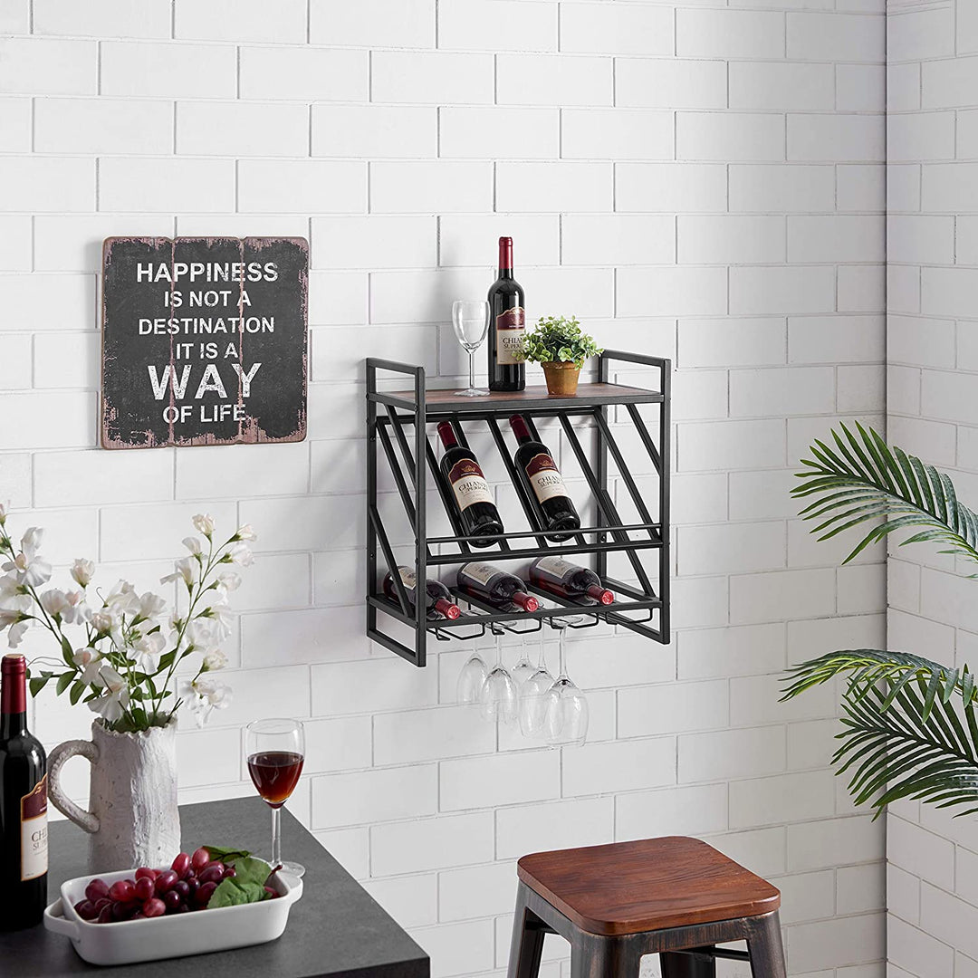 Industrial Wall Mount Metal Wine Rack Shelf Stemware Brown Iron - Diamond Home USA