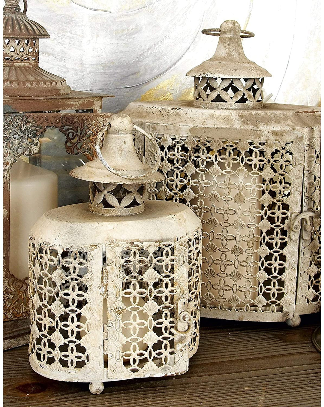 Distressed Lattice Oval Candle Lanterns (Set 2) Tan Iron