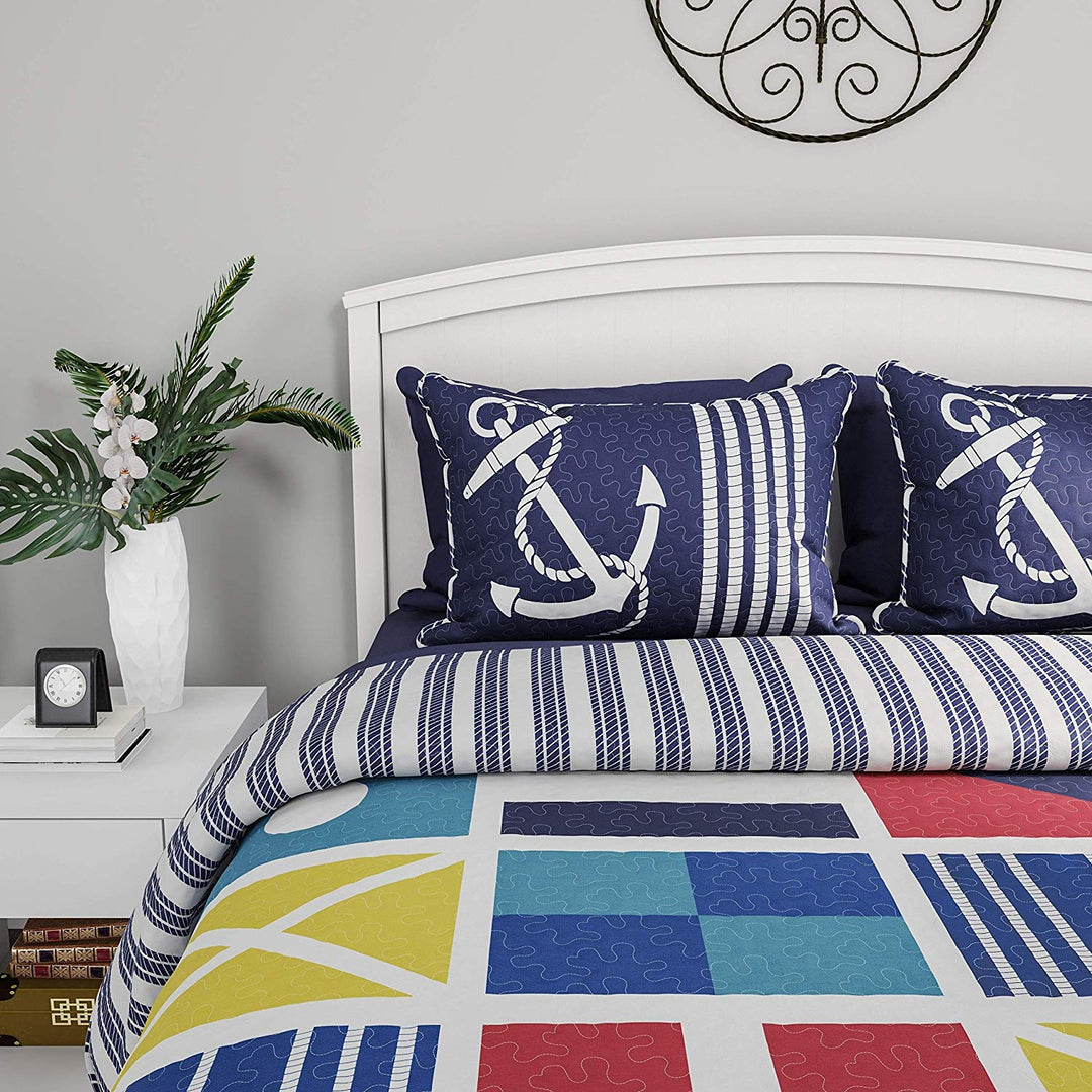 Blue Red Beach Theme Full Queen Quilt Set Yellow White Tropical Pattern Bedding Black Coastal Nautical Bedspread Sea Boating Sailing Themed Anchor