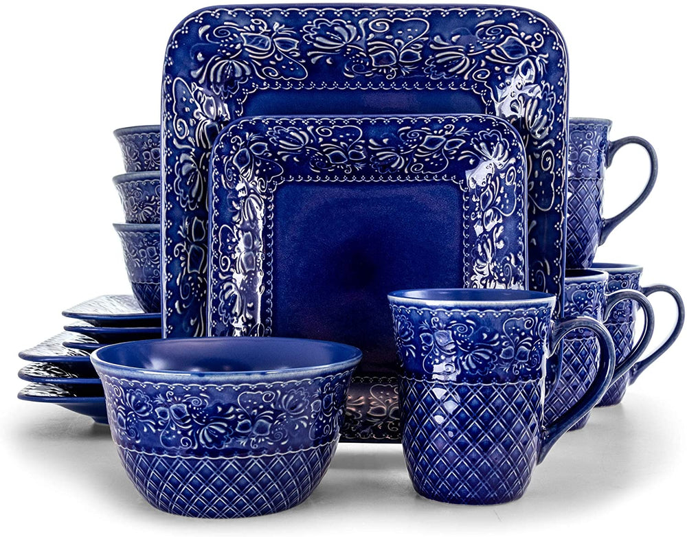 Indigo 16 Piece Square Stoneware Dinnerware Set Blue Textured Casual Microwave Safe - Diamond Home USA