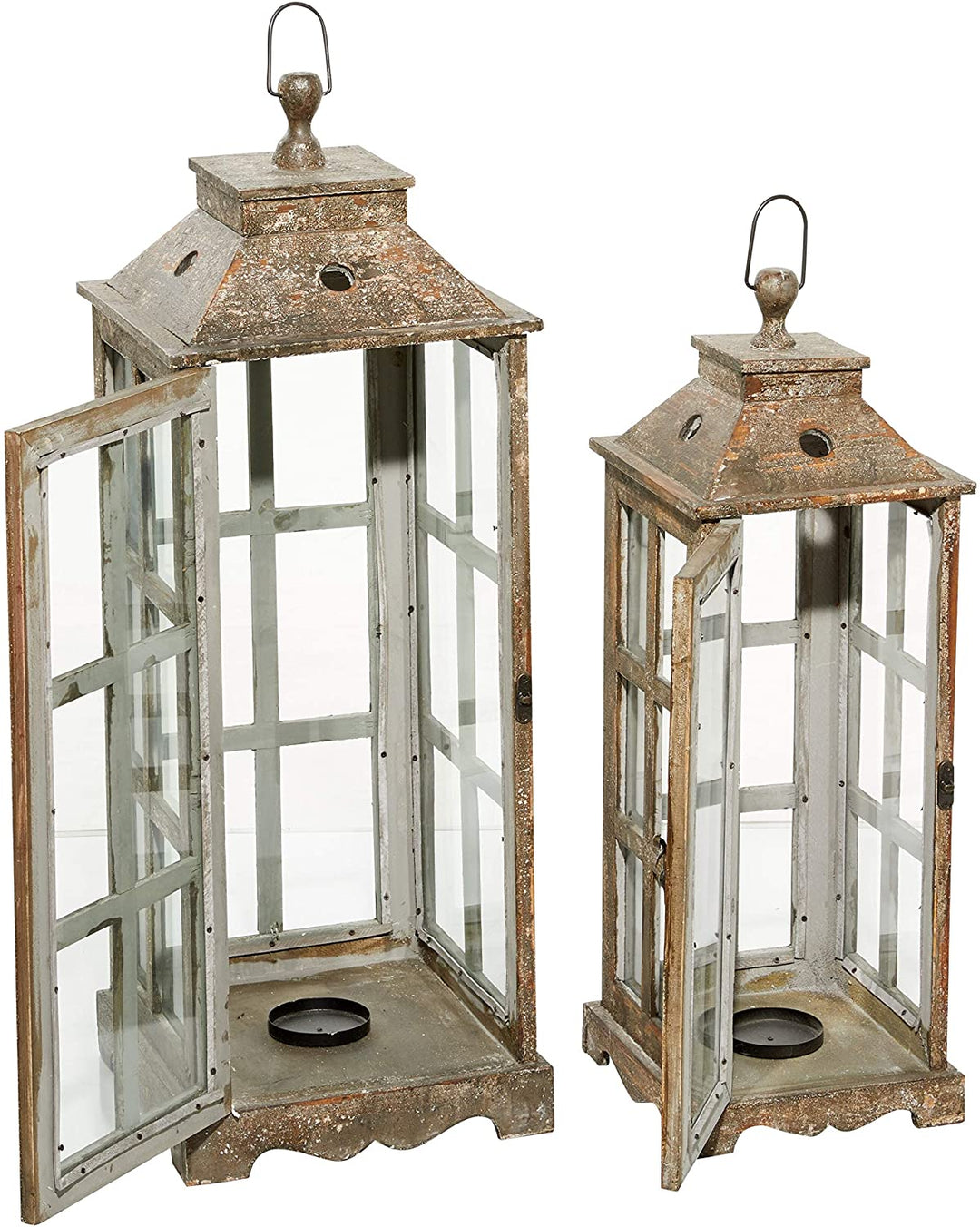 Tall Rectangular Distressed Wood Finished Glass Lanterns Set 2 12 X 35 Brown Rustic - Diamond Home USA