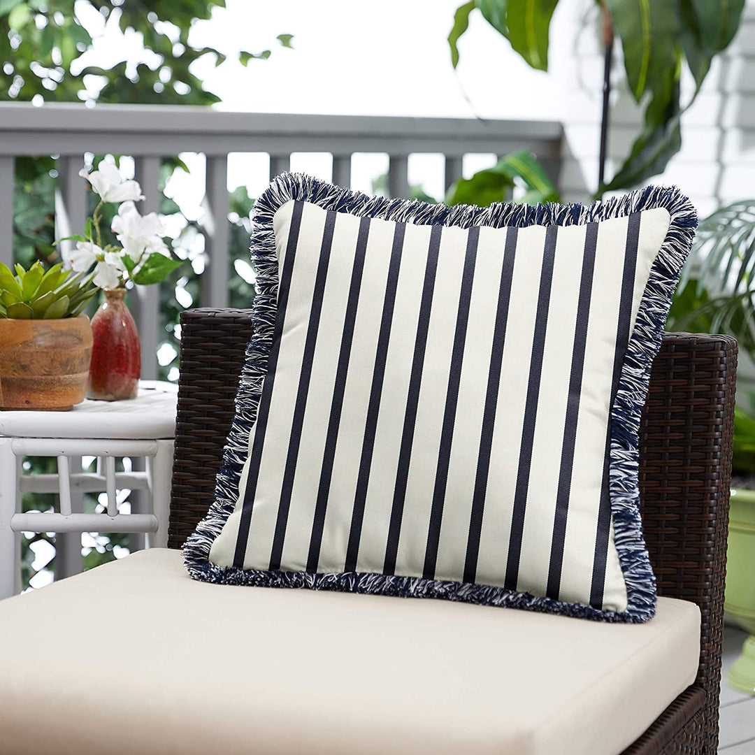 Indigo Striped Indoor/Outdoor Square Pillow Fringe Blue