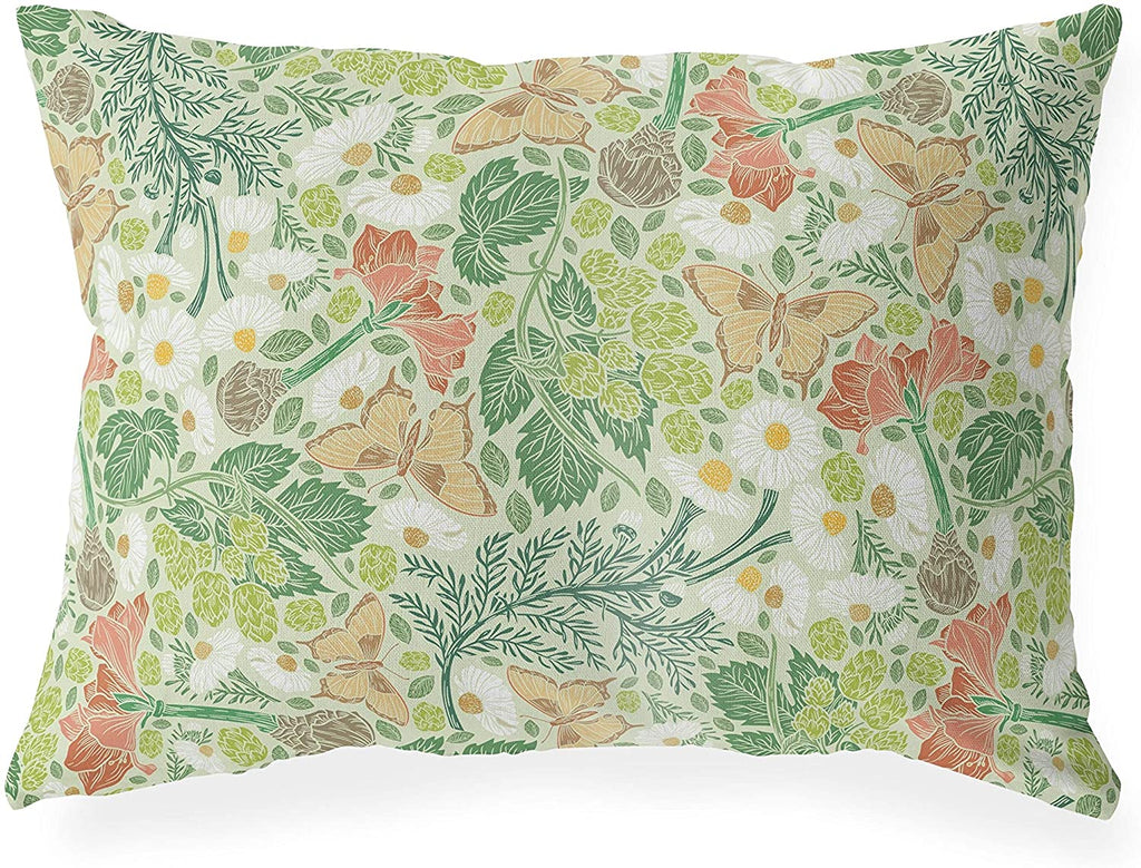 Light Indoor|Outdoor Lumbar Pillow 20x14 Green Floral Modern Contemporary Polyester Removable Cover