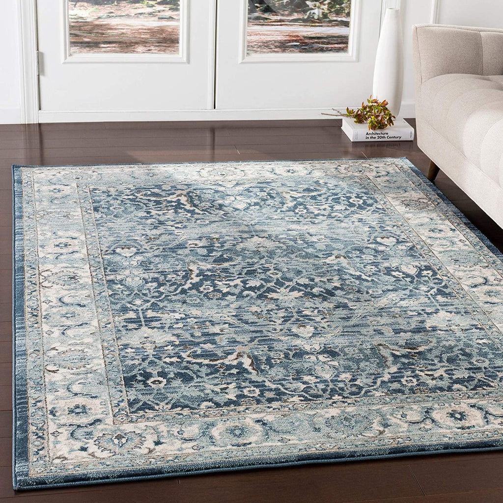 Navy Teal Updated Traditional Area Rug 2'6" X 7'10" Runner Blue Oriental Rectangle Polypropylene Latex Free
