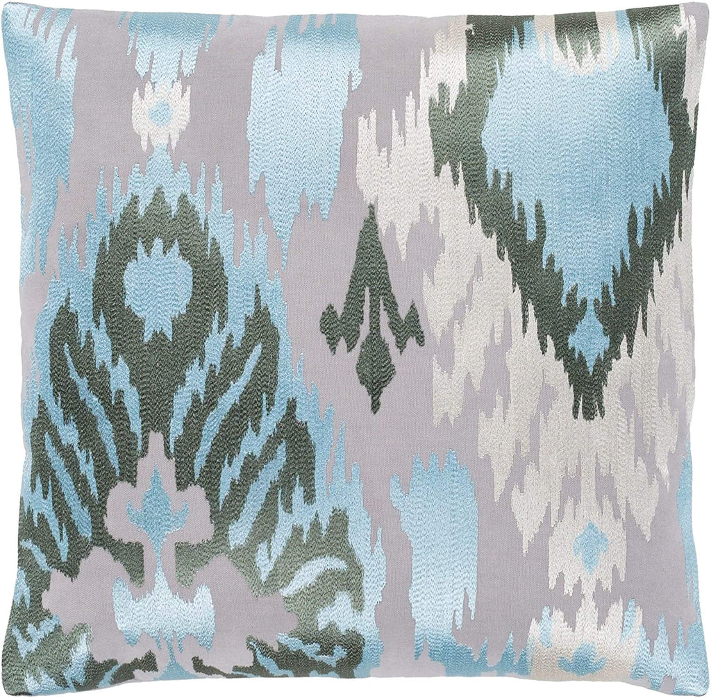 MISC Grey Embroidered Ikat Poly Fill Throw Pillow (20" X 20") Blue White Bohemian Eclectic Cotton Single Removable Cover