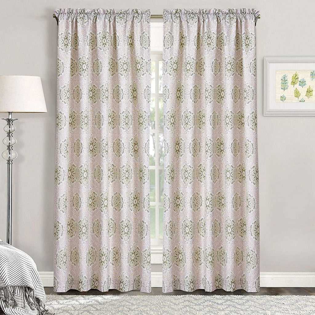 Printed Bloom Medallion Curtain Set 60" X 84" Beige Geometric Bohemian Eclectic Polyester Energy Efficient
