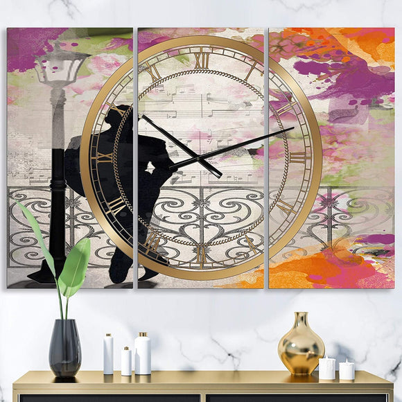 UKN Waiting Paris' Oversized Traditional Wall Clock 3 Panels 36 Wide X 28 High Black Rectangular Steel Finish Battery Included